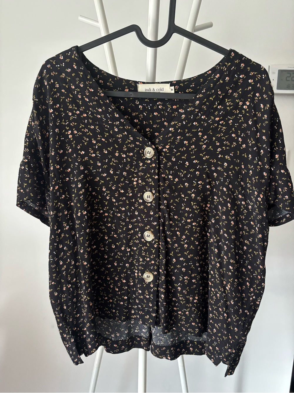 Black Floral Short-Sleeve Button-Down Top